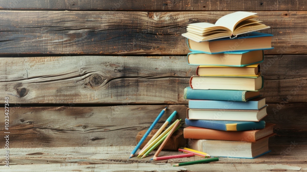 Stacked Colorful Books on Rustic Wooden Background Stacked Colorful Books on Rustic Wooden Background