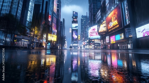 Rainy evening in a vibrant city center showcasing illuminated billboards and reflections on wet pavement