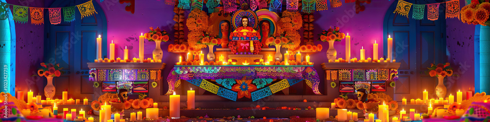 Fototapeta premium An intricately decorated altar, adorned with colorful papel picado and candles, showcasing the vibrant rituals of the Mexican religion.