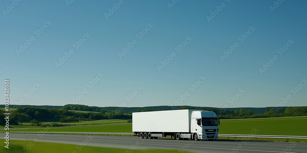White delivery truck driving on a highway through the countryside White delivery truck driving on a highway through the countryside