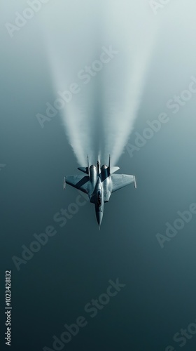 A high-speed jet aircraft ascending through a misty atmosphere, leaving vapor trails behind, showcasing dynamic aerial movement.