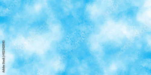 Vector blue watercolor art background with white clouds and blue sky. Light sky blue shades watercolor background. Sky Nature Landscape Background. sky background with white fluffy clouds. panorama.