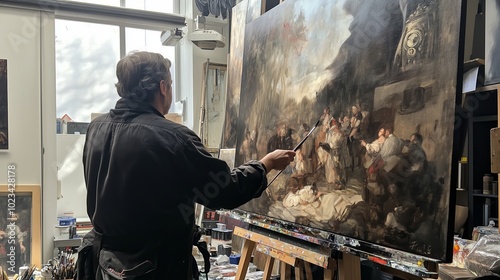 An artist focuses intently on a large canvas in a bustling studio filled with paintings and natural light during a creative session