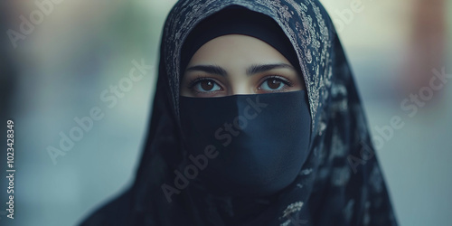 Portrait of a young muslim woman wearing a niqab and looking directly at the camera photo