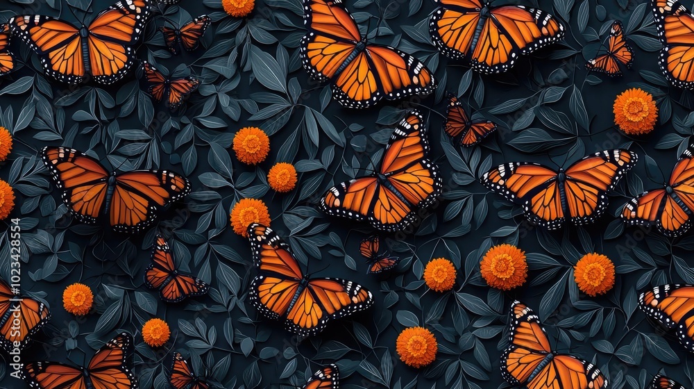 A vibrant pattern featuring orange butterflies among dark leaves and roses, perfect for nature-inspired designs.