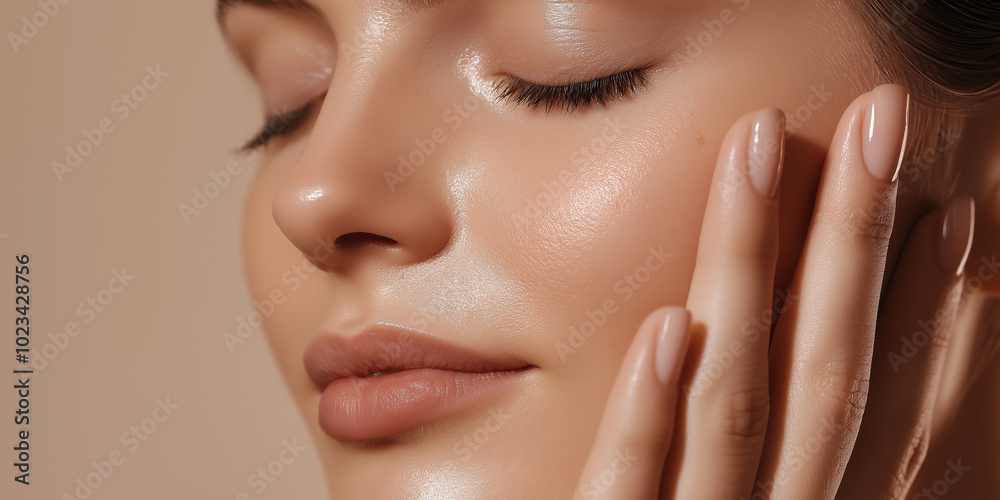 Beautiful young woman touching her face with natural makeup Beautiful young woman touching her face with natural makeup