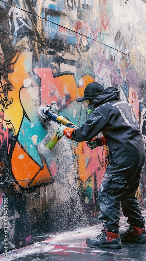 A person works to strip vibrant graffiti from a wall, showcasing urban art removal efforts A person works to strip vibrant graffiti from a wall, showcasing urban art removal efforts
