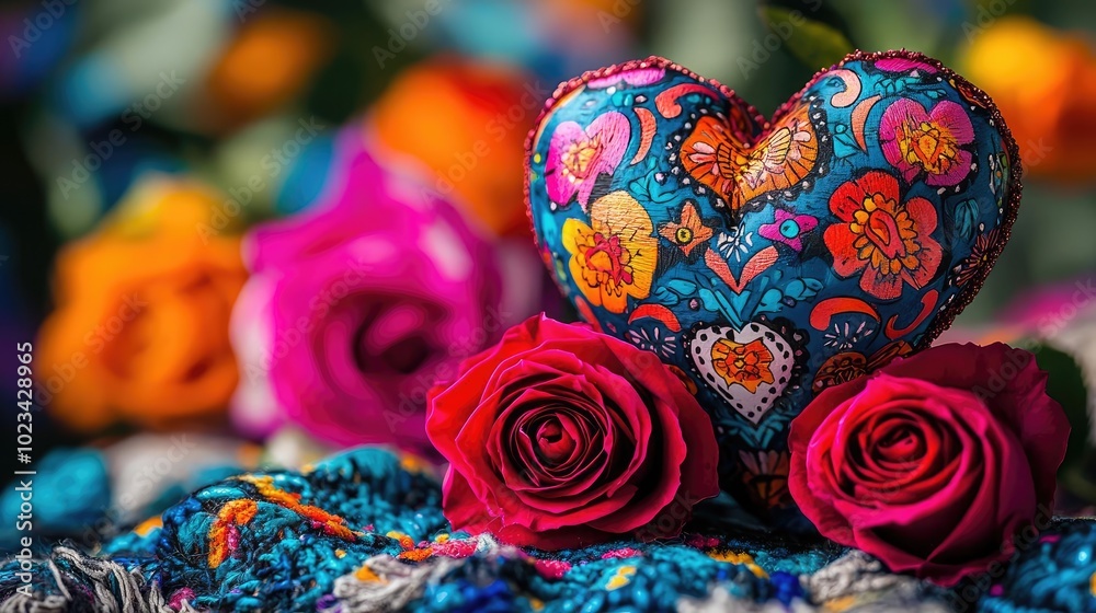 Fototapeta premium Colorful heart decor with vibrant roses in a floral arrangement, perfect for romantic or festive themes.