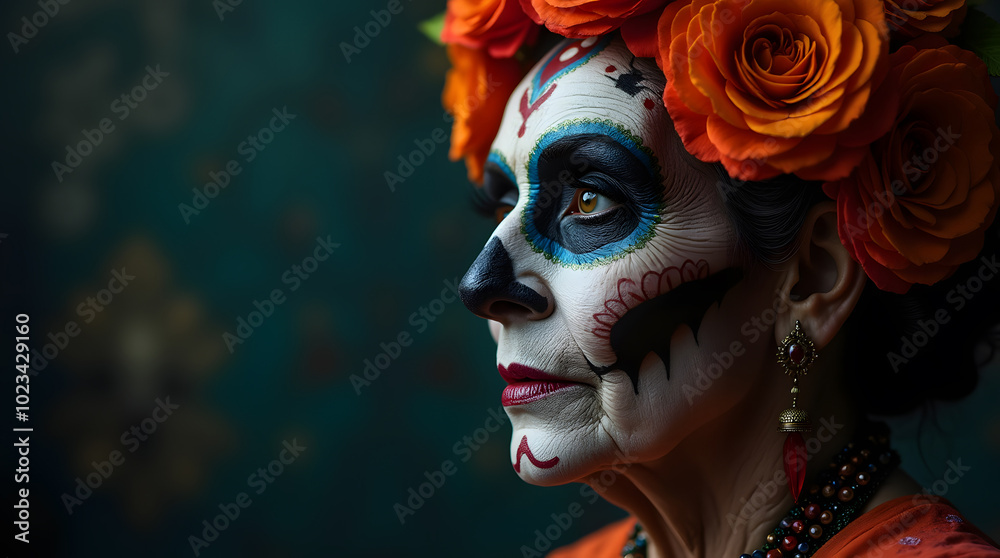 Beautiful Elderly Woman with Day of the Dead Makeup in a Magical Atmosphere Beautiful Elderly Woman with Day of the Dead Makeup in a Magical Atmosphere