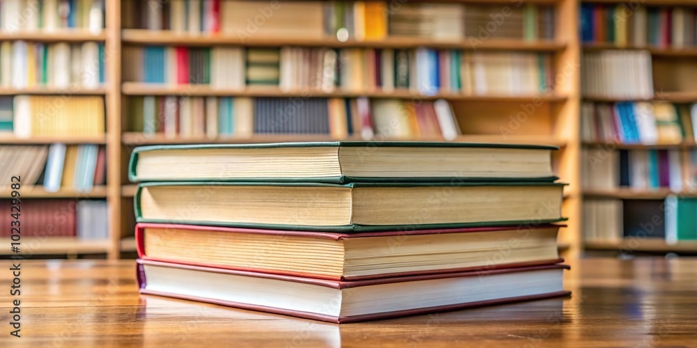 Hardcover book on top of stack of books Hardcover book on top of stack of books