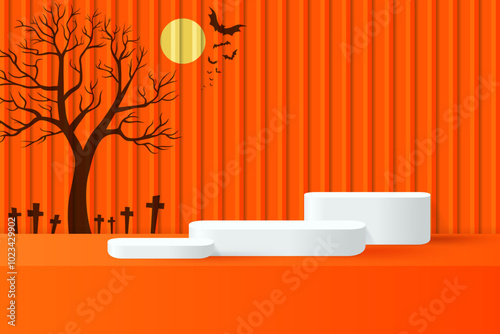 Halloween promotion display banner. Full moon with bat flying on orange background. Abstract 3D promotion mockup podium.