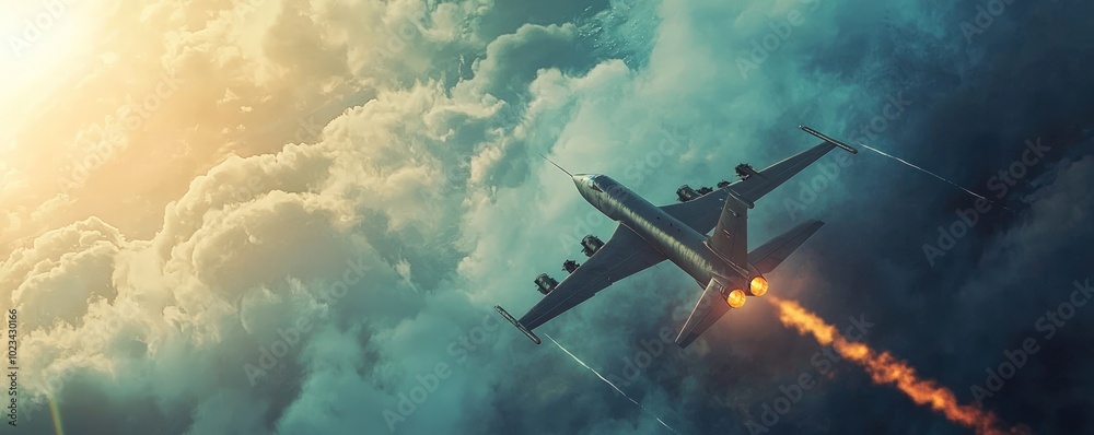 Naklejka premium A dynamic aerial view of a fighter jet soaring through clouds, releasing flames and smoke, encapsulating power and speed in a vibrant sky.