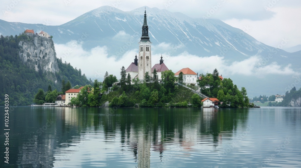 Fototapeta premium Stunning Aerial View of Bled Island and its Iconic Church Nestled in the Scenic Alpine Lake