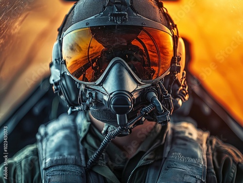A close-up of a fighter pilot in a cockpit, wearing advanced gear and reflective visor, with a dramatic, fiery background.