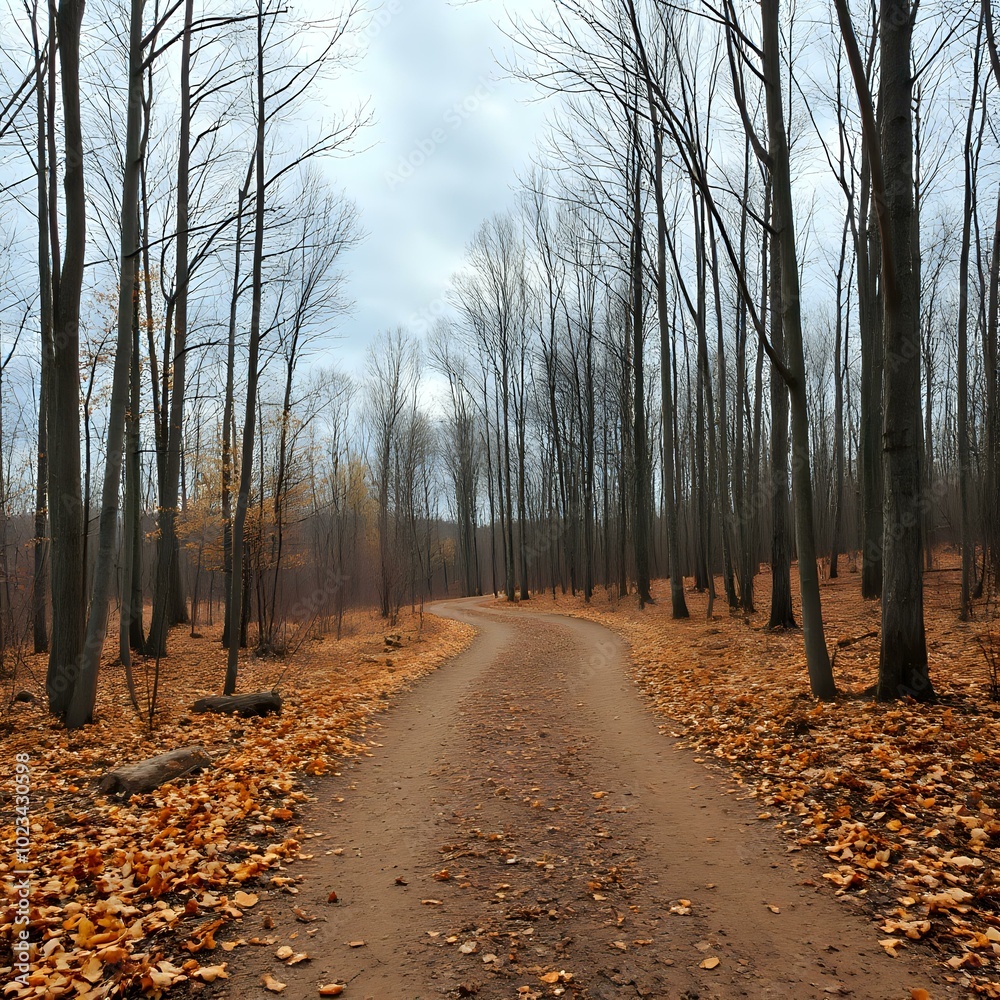 Naklejka premium Autumnal Forest Path, Bare Trees, Grey Sky, Fallen Leaves