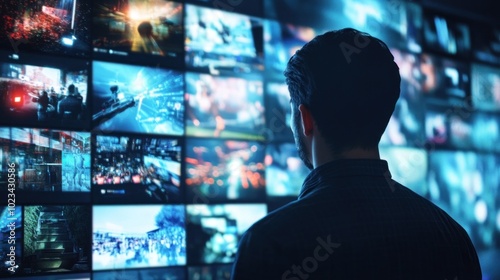 Man gazing at video wall filled with diverse content. photo