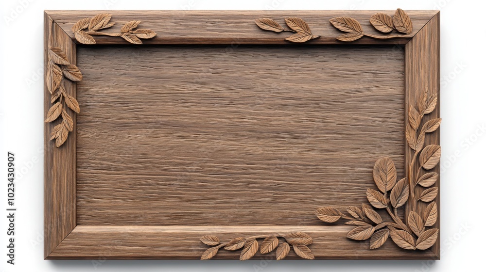 Naklejka premium Wooden frame with carved leaves design on a rustic background.