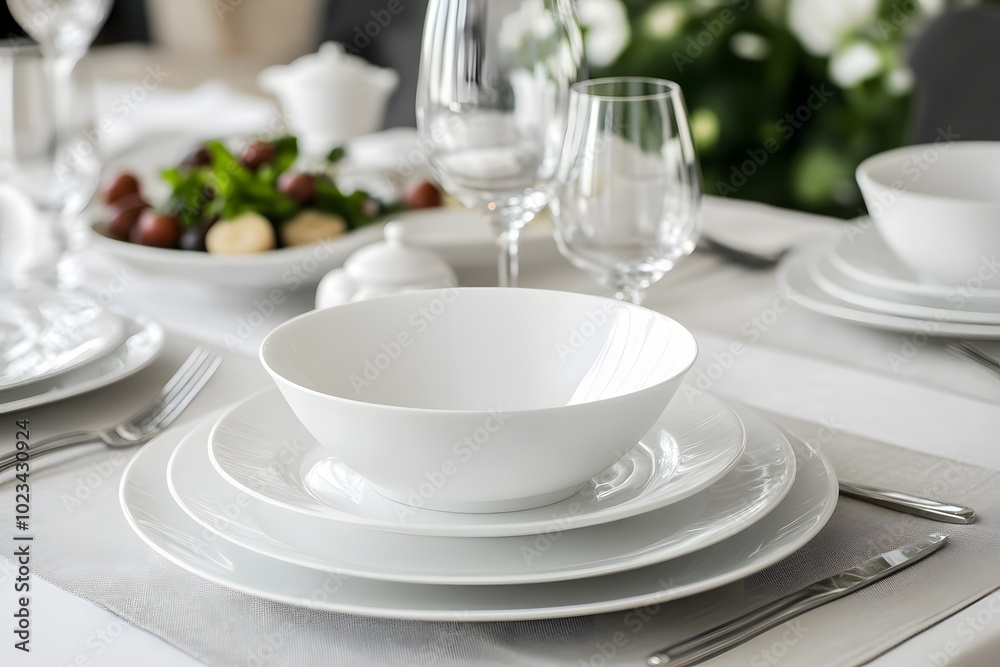 elegant dining table with white luxury set of plates, forks, knifes and spoons elegant dining table with white luxury set of plates, forks, knifes and spoons