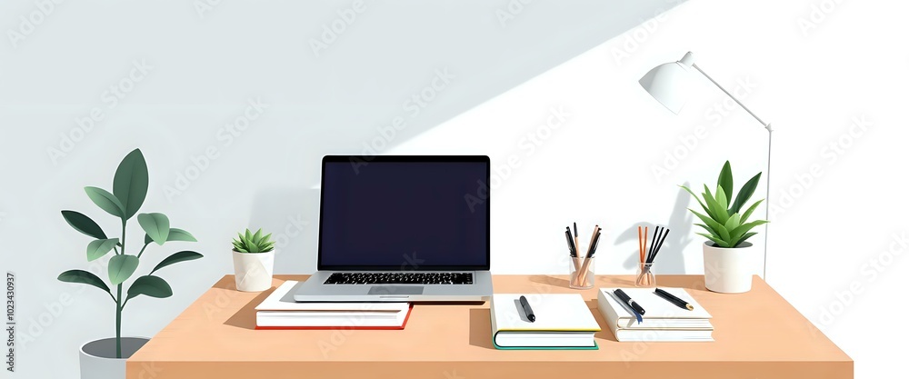 Fototapeta premium Modern Home Office: Wooden Desk with Laptop, Books & Potted Plants Under Beige Lamp