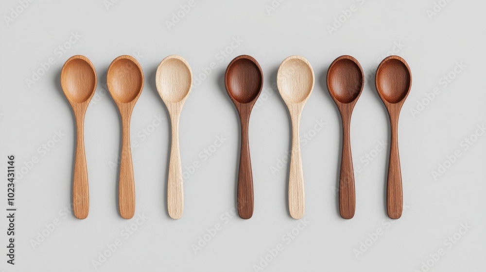 Assorted wooden spoons on a grey background, ideal for culinary designs. Assorted wooden spoons on a grey background, ideal for culinary designs.