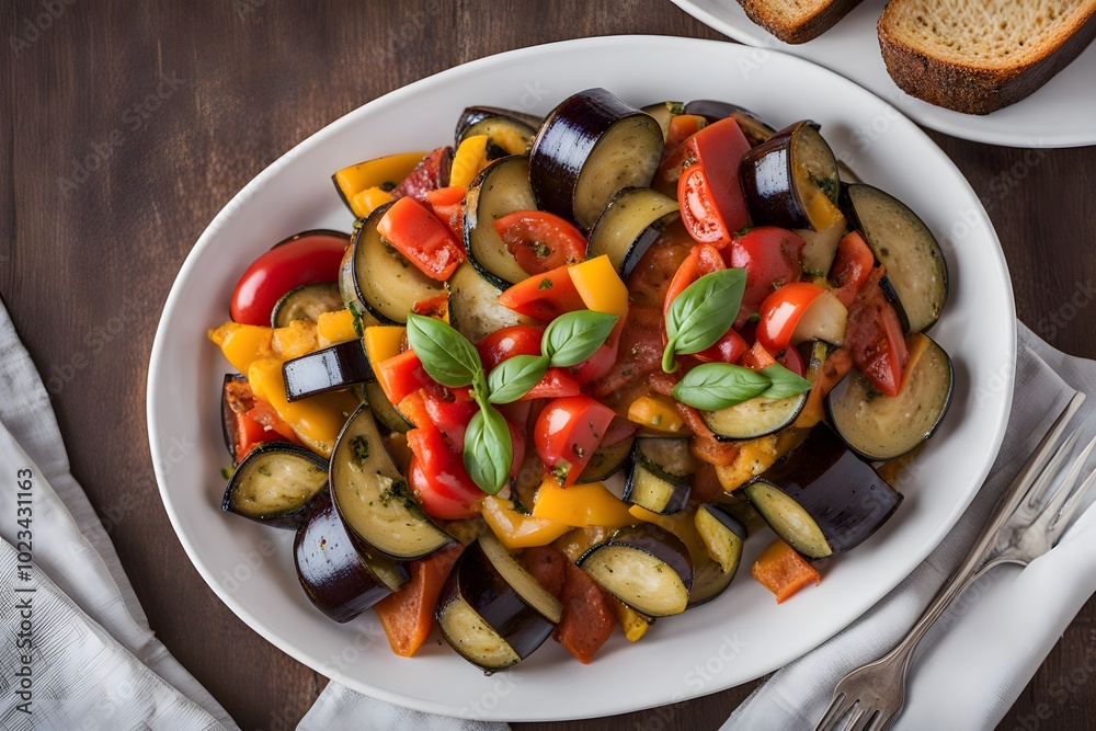 A serving of french ratatouille a vegetable medley of eggplant zucchini tomatoes and bell pepper, Ai Generated A serving of french ratatouille a vegetable medley of eggplant zucchini tomatoes and bell pepper, Ai Generated