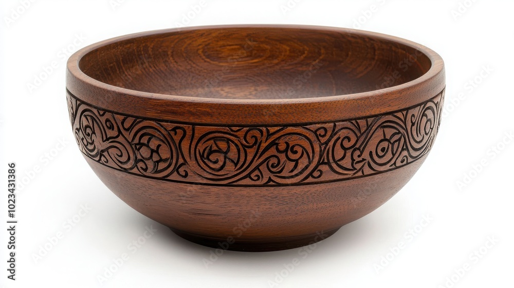 Decorative wooden bowl with intricate carvings, isolated on white background. Decorative wooden bowl with intricate carvings, isolated on white background.