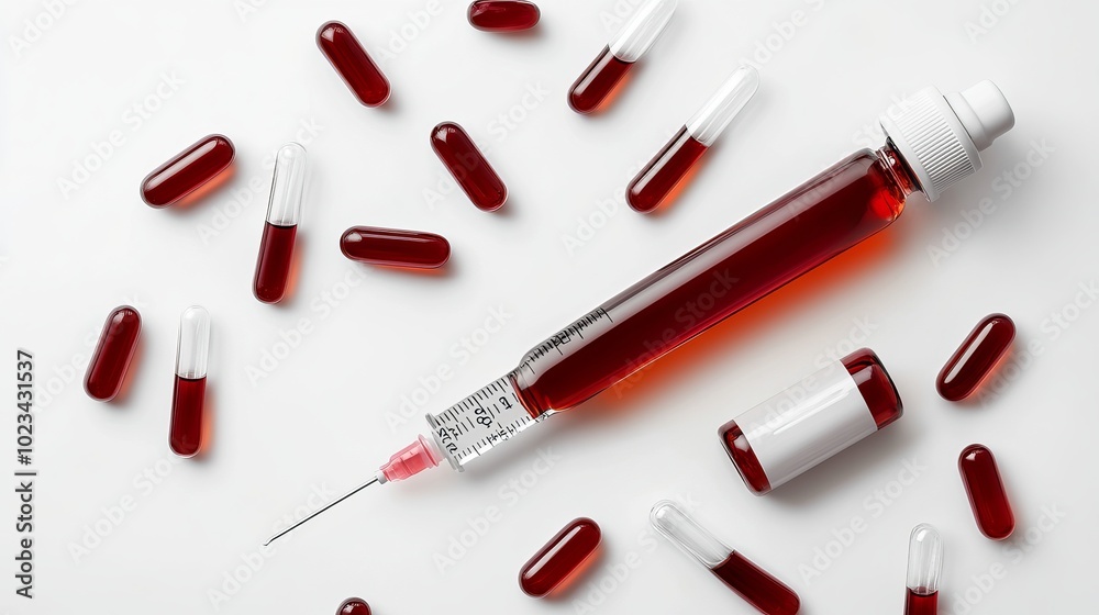 Bottle of red syrup with dose ready for use on white background
