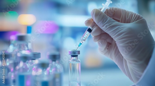 Syringe and vaccine front of a laboratory scene 