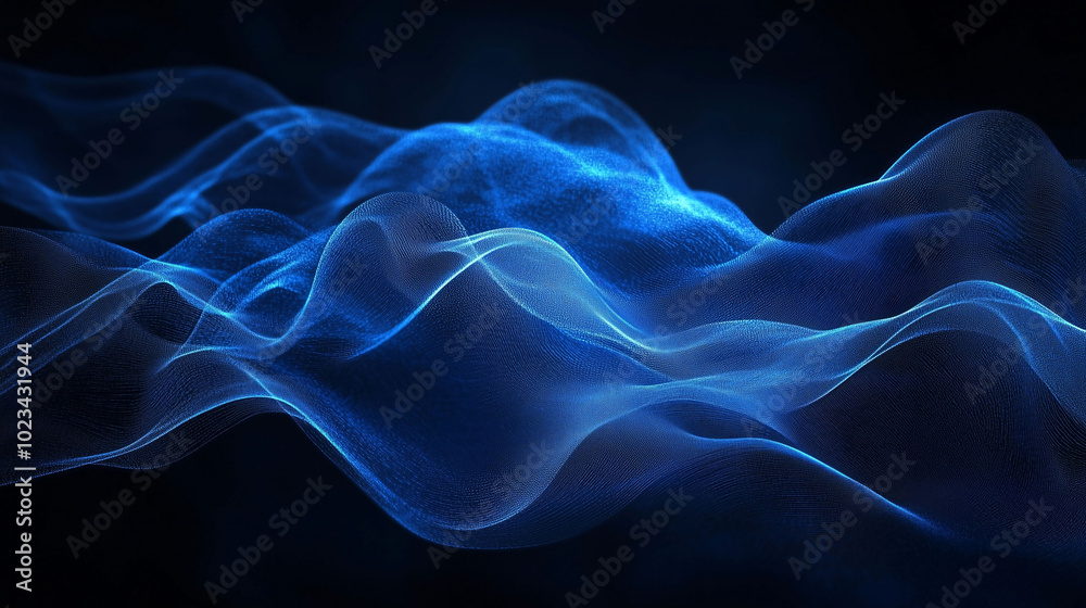 Abstract Digital Black Background with Blue Wavy Lines Representing Sound Waves. This captivating image features dynamic blue wavy lines against a stark black backdrop, symbolizing technology. 