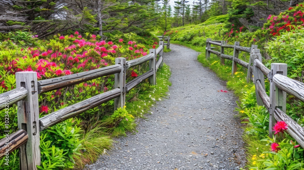 Scenic Pathway Through a Blooming Forest Scenic Pathway Through a Blooming Forest