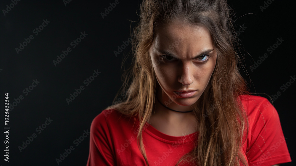 Woman with red dress and angry face expression. Mad woman portrait Woman with red dress and angry face expression. Mad woman portrait
