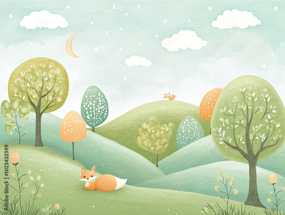 Naklejka premium A whimsical cartoon landscape with rolling hills, trees, and animals in pastel colors. 