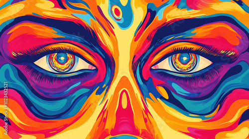 Psychedelic retro cool digital artwork. Colorful doodle human face eyeball design, 70s vintage style vivid dreamscape pop art