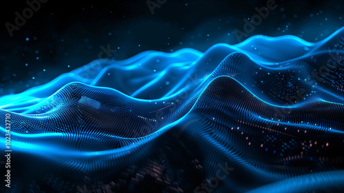 Abstract Digital Black Background with Blue Wavy Lines Representing Sound Waves. This captivating image features dynamic blue wavy lines against a stark black backdrop, symbolizing technology. 