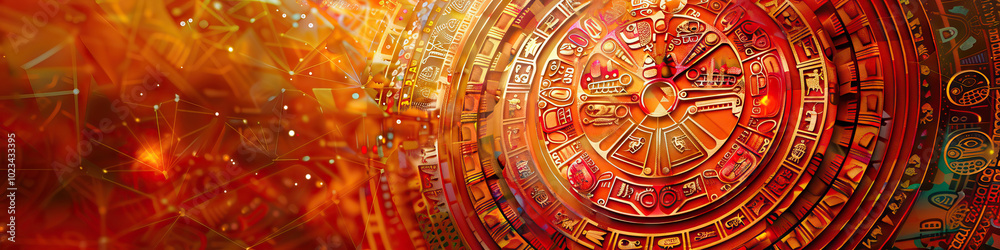 A modern interpretation of a traditional Aztec calendar, featuring vivid hues of red, orange, and gold against a minimalist, abstract background. A modern interpretation of a traditional Aztec calendar, featuring vivid hues of red, orange, and gold against a minimalist, abstract background.