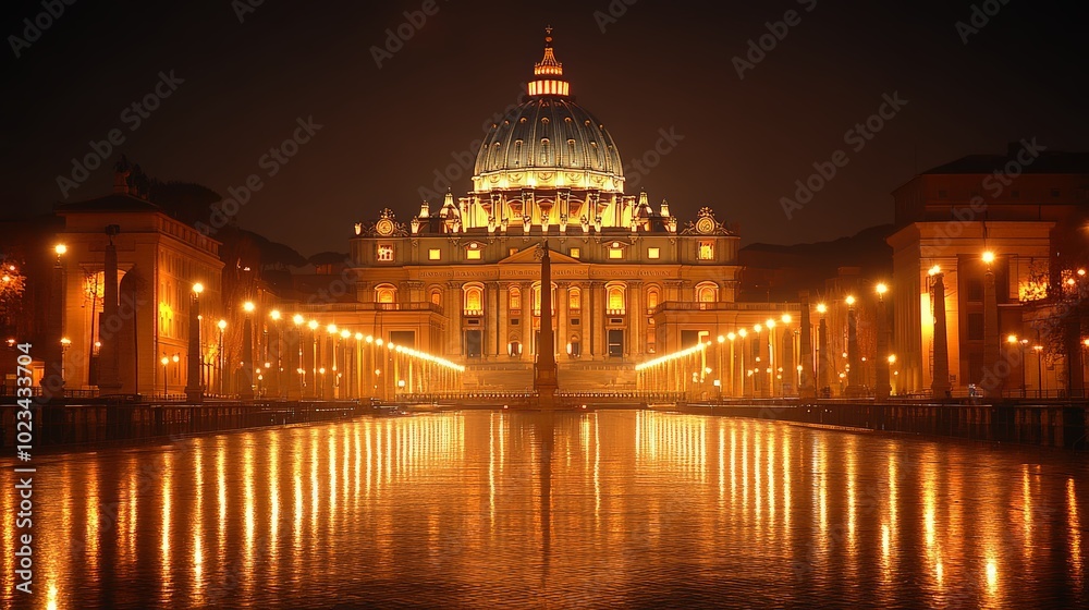Fototapeta premium Glowing St. Peter's Basilica at night during winter