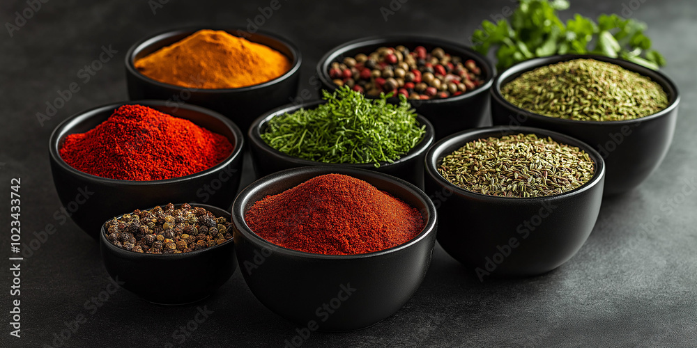 Variety of colorful spices being displayed in black bowls on slate Variety of colorful spices being displayed in black bowls on slate
