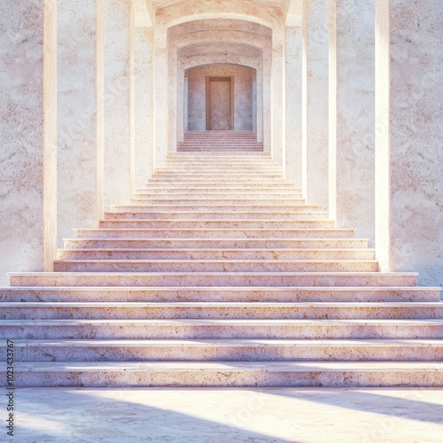 A stunning staircase ascends toward a bright doorway, embodying minimalistic elegance and serenity, perfect for themes of journey, peace, and inspiration.