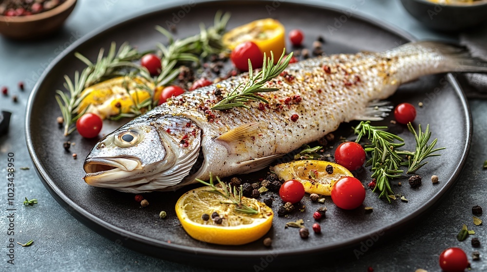 grilled fish with vegetables and herbs on a plate grilled fish with vegetables and herbs on a plate