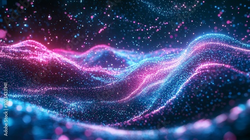Neon Pink and Blue Waveforms with Glowing Particles, Abstract Background, Wallpaper, Generated AI