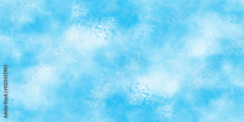 Vector blue watercolor art background with white clouds and blue sky. Light sky blue shades watercolor background. Sky Nature Landscape Background. sky background with white fluffy clouds. panorama.