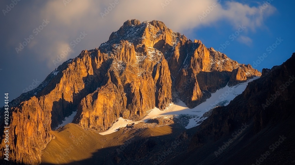 Obraz premium Majestic Snow-Capped Mountain Peak at Sunrise with Clouds and Mist. Stunning Natural Landscape, Generated AI