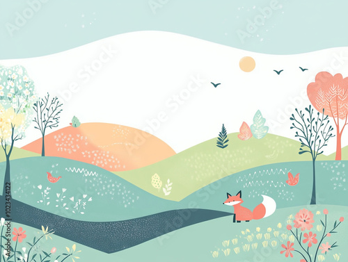 A whimsical cartoon landscape with rolling hills, trees, and animals in pastel colors. 