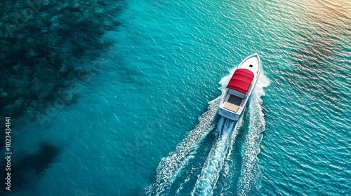 Aerial View of Speedboat Cruising Through Clear Blue Water at Sunset. Vibrant Ocean Scene Showcasing Adventure, Travel, and Leisure, Generated AI