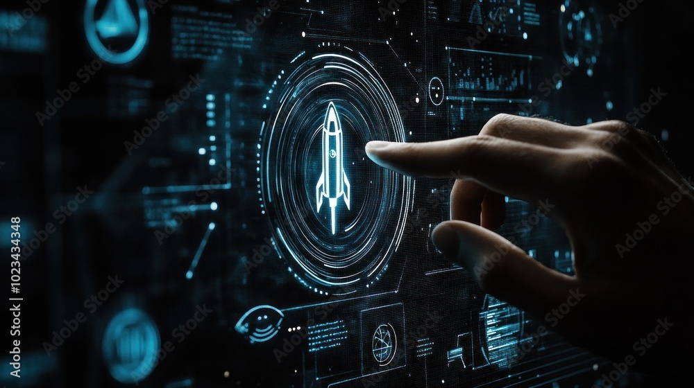 Technological interface with hand and rocket design Technological interface with hand and rocket design