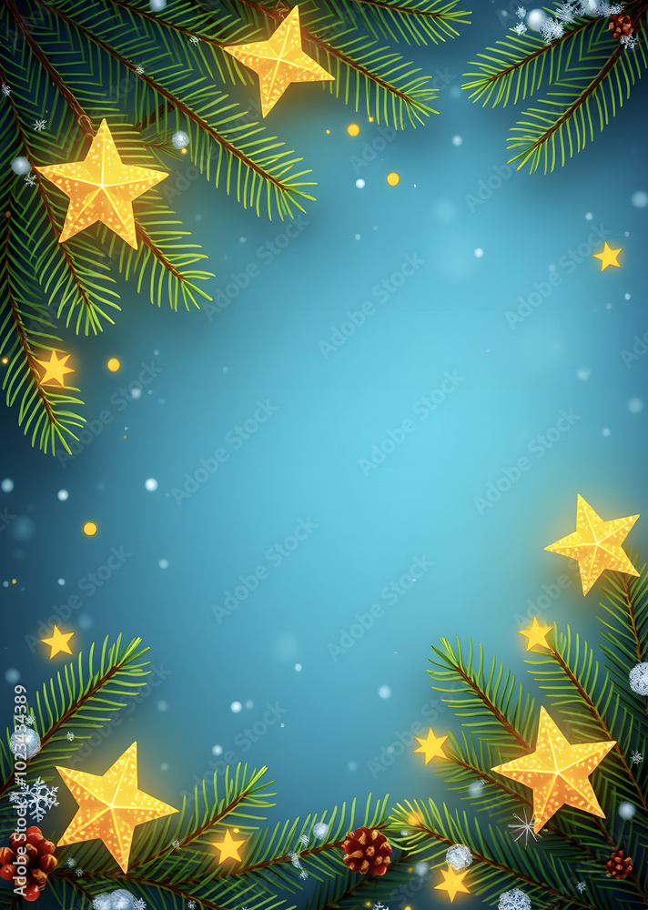 Fence of fir branches and golden stars on snow-blue background. Merry Christmas and happy New Year! Winter holiday template with space for text, suitable for greeting cards, invitations, banners and p Fence of fir branches and golden stars on snow-blue background. Merry Christmas and happy New Year! Winter holiday template with space for text, suitable for greeting cards, invitations, banners and p