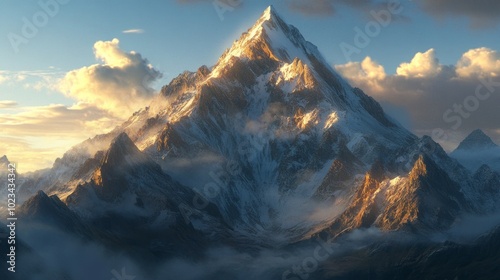 Majestic Snow-Capped Mountain Peak at Sunrise with Clouds and Mist. Stunning Natural Landscape, Generated AI