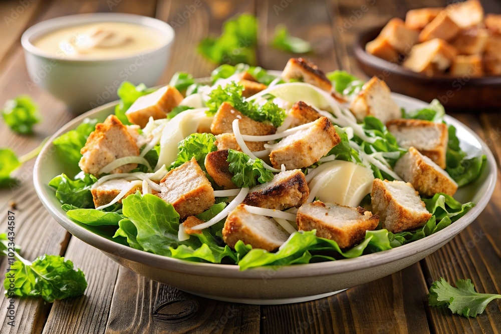 Healthy caesar salad with grilled chicken, lettuce, croutons, parmesan cheese, and tangy dressing Healthy caesar salad with grilled chicken, lettuce, croutons, parmesan cheese, and tangy dressing
