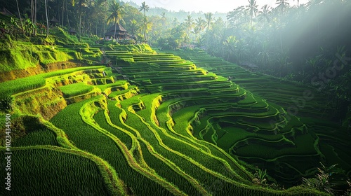 Stunning View of Lush Green Rice Terraces in a Tropical Landscape. Sunlight Illuminating the Beautifully Sculpted Fields, Showcasing Agriculture and Nature, Generated AI