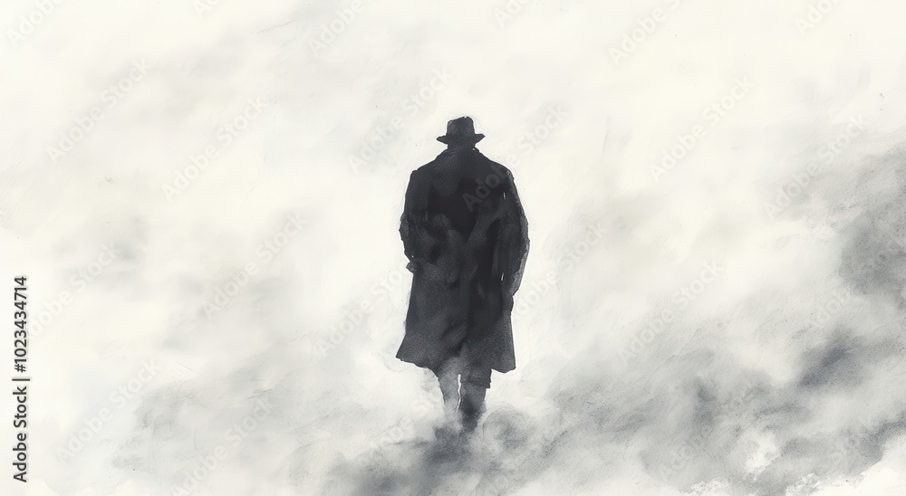 Fototapeta premium Silhouette of a Man in a Coat and Hat Walking Through Fog